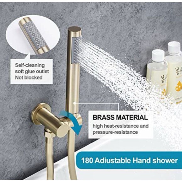 Wall-Mounted Bathtub Faucet Handheld Shower High Flow 360 Swivel Brushed Gold - Picture 4 of 4